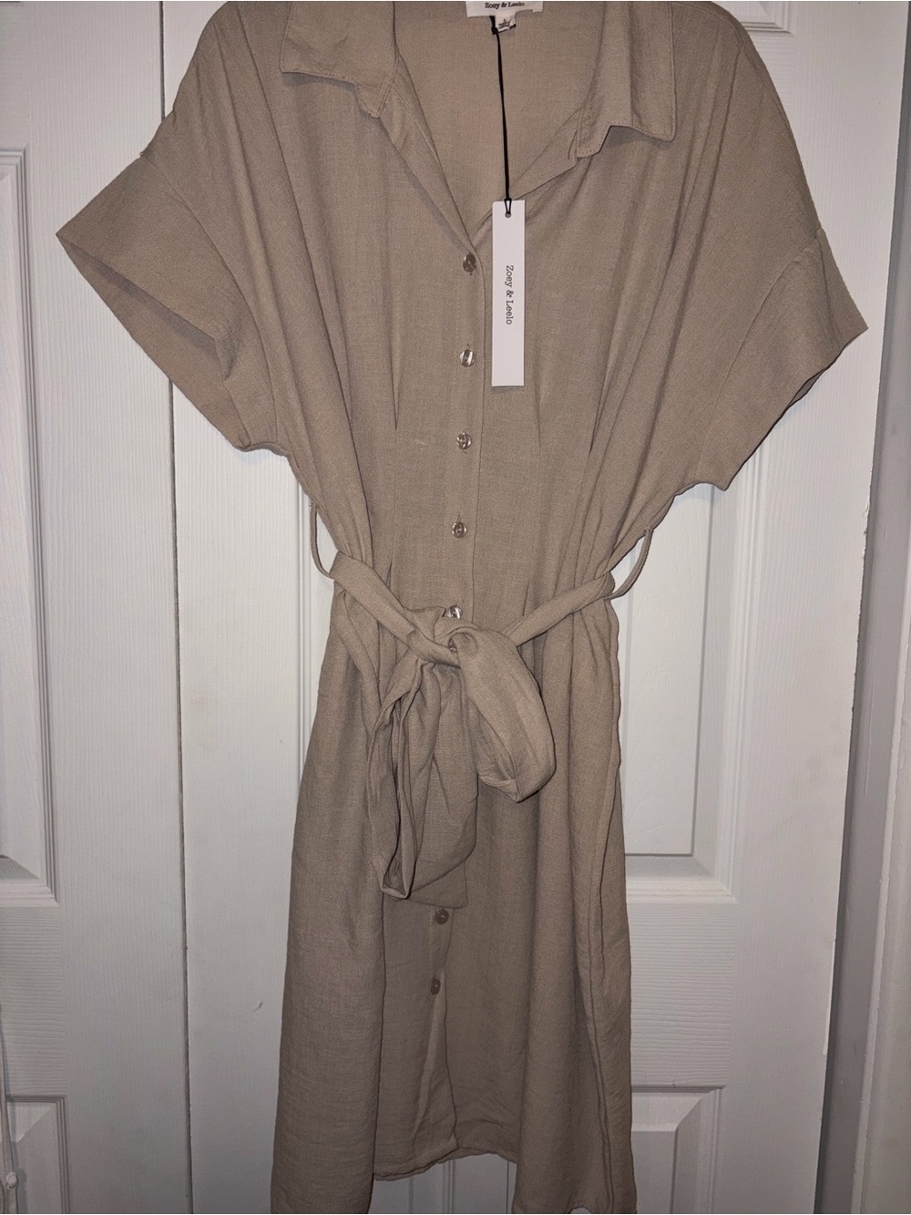 Zoey & Leelo Taupe Belted Button Front Midi Shirt Dress L NWT